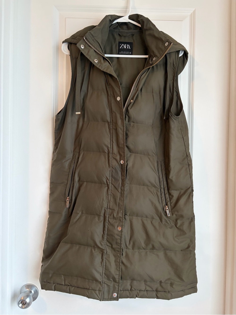 Zara Olive Green Long Hooded Puffer Vest Size Small
